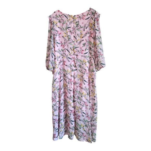 TOMMY HILFIGER Women's 16 Midi Dress Chiffon Pink Floral 3/4 Sleeve Faux Wrap - Picture 9 of 9
